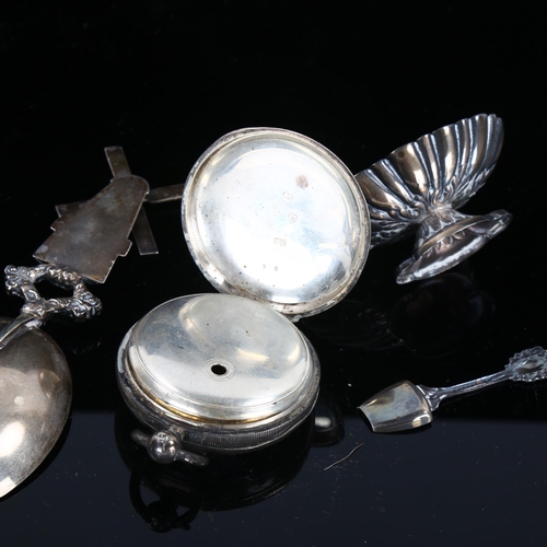 436 - Various silver, including Dutch windmill spoon, pocket watch salt cellar etc