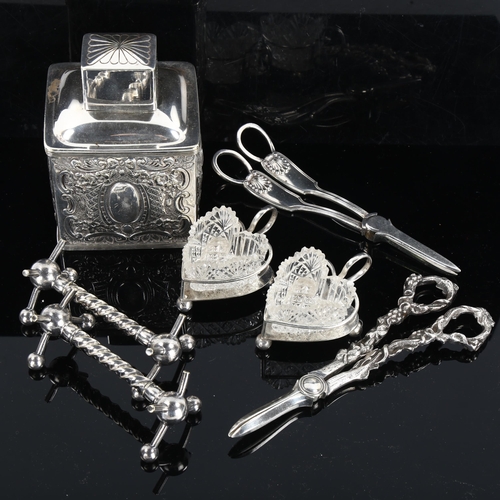 443 - Various silver plate, including tea caddy, grape scissors, heart-shaped glass salt cellars etc