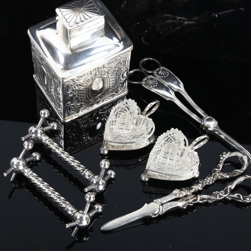 443 - Various silver plate, including tea caddy, grape scissors, heart-shaped glass salt cellars etc