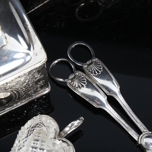 443 - Various silver plate, including tea caddy, grape scissors, heart-shaped glass salt cellars etc