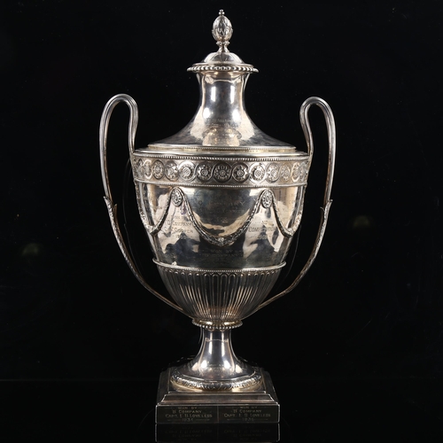 444 - A large George III silver 2-handled lidded trophy, with military presentation inscriptions for the Q... 