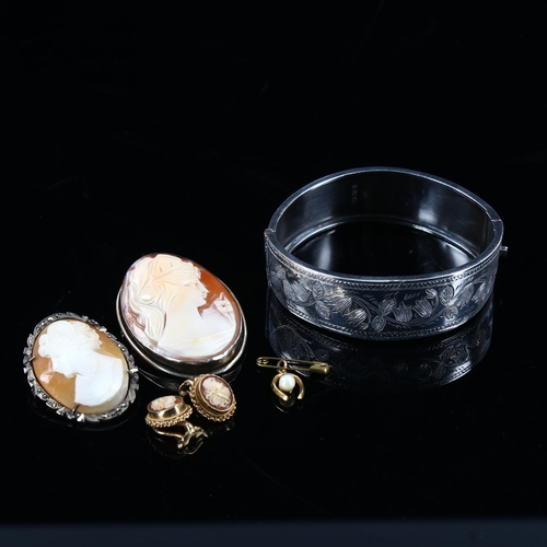 445 - Various jewellery, including 9ct gold cameo earrings, silver hinged bangle etc