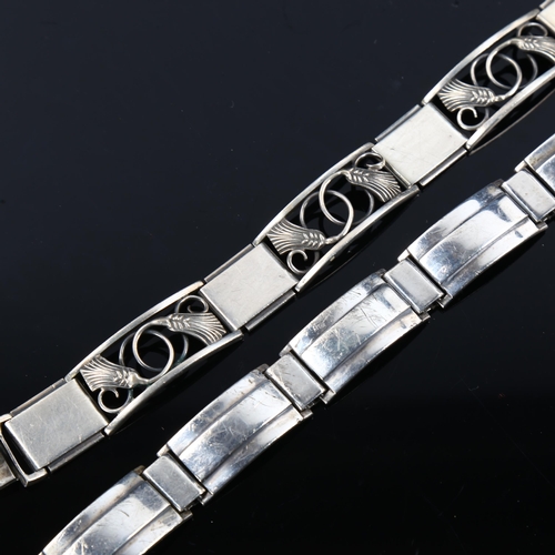 447 - 2 Danish stylised silver panel bracelets, makers include Eiler and Marloe, both 19cm long, 78.1g tot... 