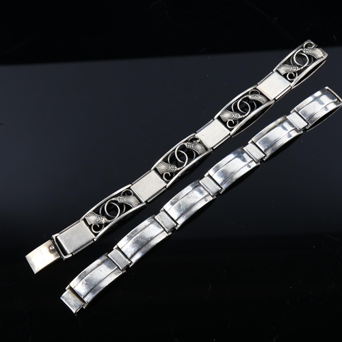 447 - 2 Danish stylised silver panel bracelets, makers include Eiler and Marloe, both 19cm long, 78.1g tot... 