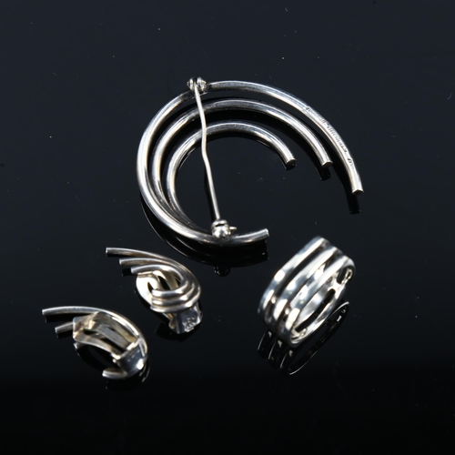 448 - A group of Danish stylised sterling silver jewellery, including matching brooch and pair of clip-on ... 