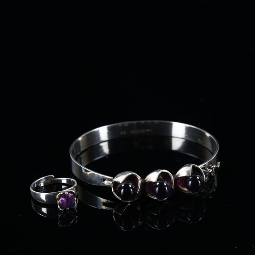 452 - A Scandinavian silver and amethyst near-matching bracelet and ring set, makers include Salovaara and... 