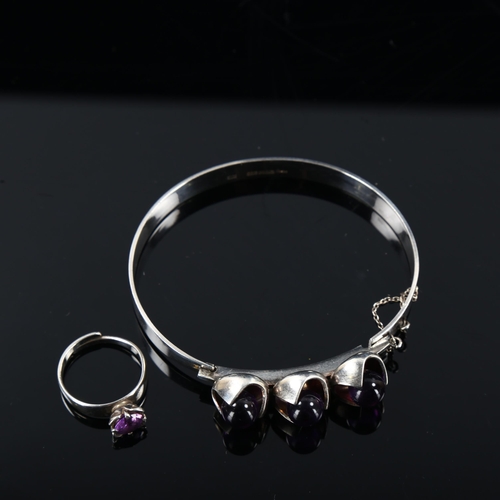 452 - A Scandinavian silver and amethyst near-matching bracelet and ring set, makers include Salovaara and... 