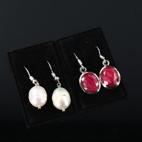 453 - 2 pairs of modern silver stone set earrings, including ruby (2 pairs)