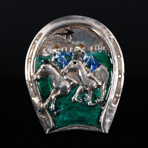 454 - A large Continental sterling silver and enamel horse racing brooch, height 61.2mm, 23.4g