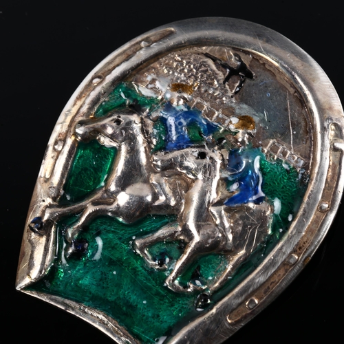 454 - A large Continental sterling silver and enamel horse racing brooch, height 61.2mm, 23.4g