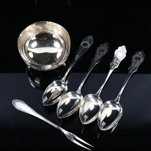 455 - Various Continental silver, including set of 3 German serving spoons, Greek silver bowl, plated pick... 