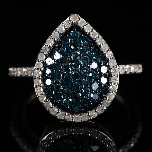 456 - A modern sterling silver blue diamond and pear cluster dress ring, total diamond content approx 1ct,... 