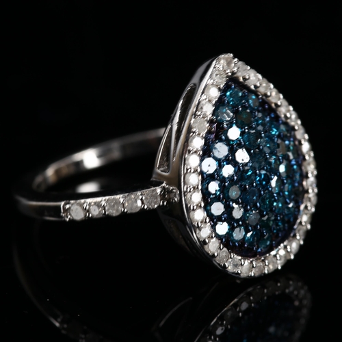 456 - A modern sterling silver blue diamond and pear cluster dress ring, total diamond content approx 1ct,... 