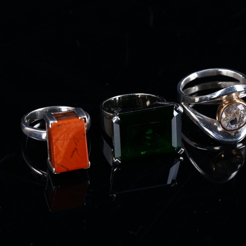 462 - 4 Danish stylised sterling silver stone set rings, including Jasper stacking tablet example, sizes M... 