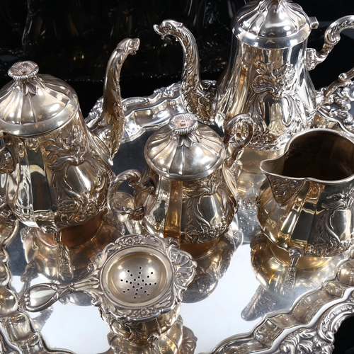 474 - A Continental silver 6-piece tea and coffee set, comprising large 2-handled tea tray, hot water jug,... 