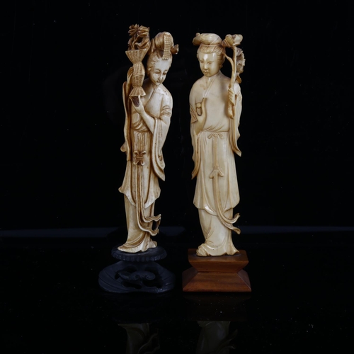 1243 - A pair of Japanese carved ivory standing figures, early 20th century, on wood bases, height 20cm