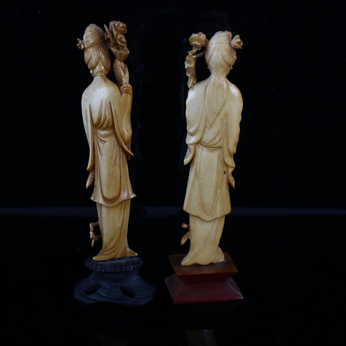 1243 - A pair of Japanese carved ivory standing figures, early 20th century, on wood bases, height 20cm