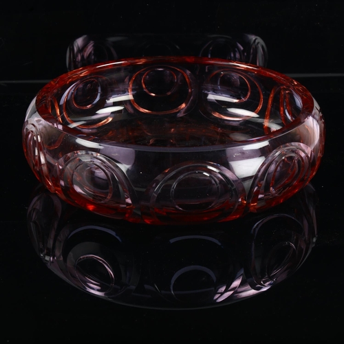 1245 - A heavy Art Deco coloured glass table centre bowl, with facet-cut surround, diameter 32cm