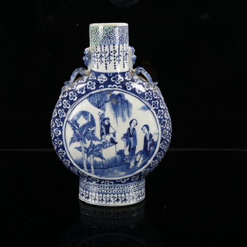 1251 - A Chinese blue and white porcelain moon-shaped vase with painted panels, height 26cm, rim restored