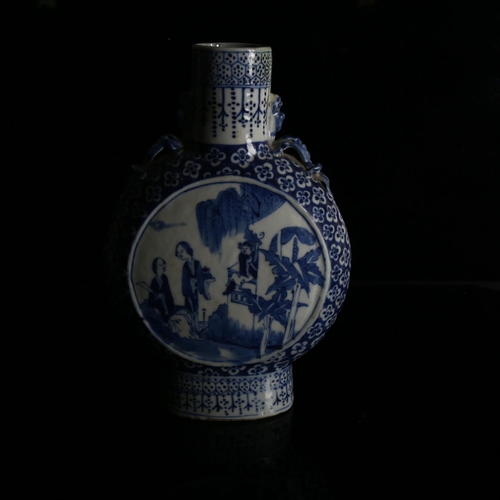 1251 - A Chinese blue and white porcelain moon-shaped vase with painted panels, height 26cm, rim restored