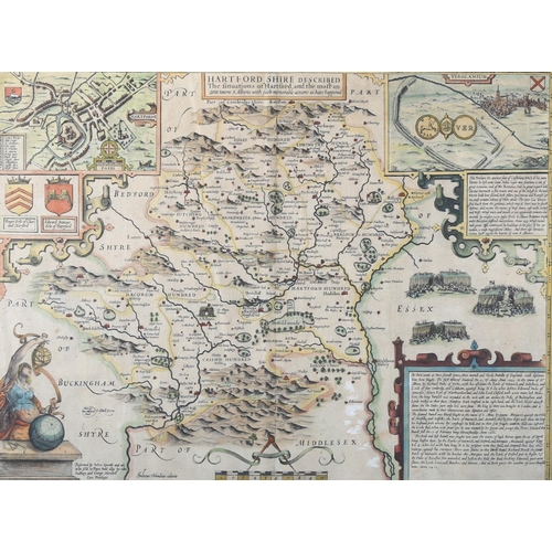 1255 - John Speede, Map Of Hartfordshire published 1616, original hand coloured engraving, image 39cm x 51c... 