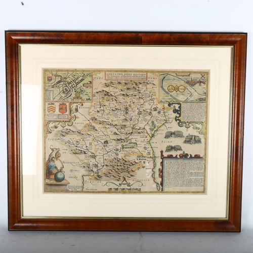 1255 - John Speede, Map Of Hartfordshire published 1616, original hand coloured engraving, image 39cm x 51c... 