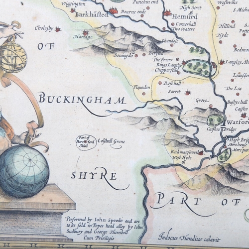 1255 - John Speede, Map Of Hartfordshire published 1616, original hand coloured engraving, image 39cm x 51c... 