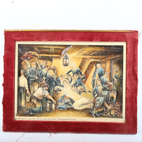 1256 - Osbourne relief moulded plaque depicting the death of Nelson on board The Victory 1805, velvet frame... 