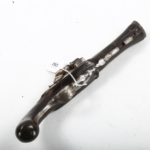 1262 - 18th century flintlock pistol with flared barrel, lock plate marked Berleur, length 31cm