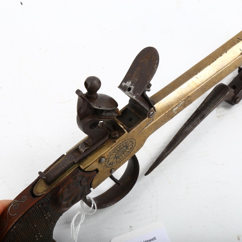 1266 - Antique Belgian 40 bore flintlock pistol with brass barrel, Liege proof marks and folding bayonet