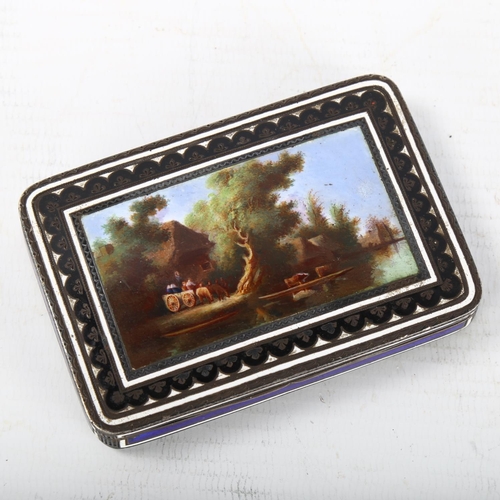 1271 - 18th/19th century unmarked silver and coloured enamel snuffbox, the lid having a hand painted enamel... 