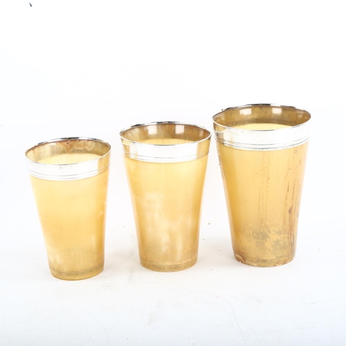 1276 - A set of 3 Victorian graduated horn beakers, with silver rims, by Thornhill of London, largest heigh... 