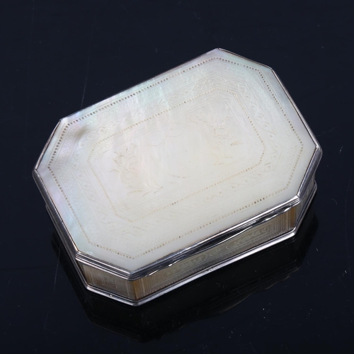 1277 - A 19th century engraved mother-of-pearl trinket box of canted rectangular form, with unmarked white ... 