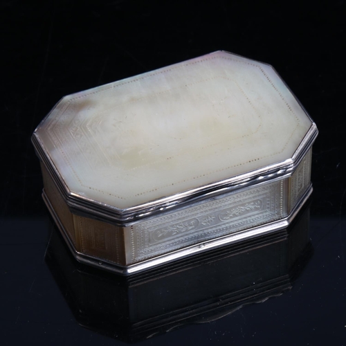 1277 - A 19th century engraved mother-of-pearl trinket box of canted rectangular form, with unmarked white ... 