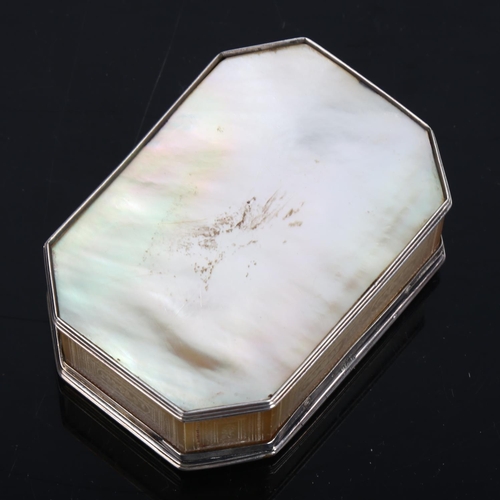 1277 - A 19th century engraved mother-of-pearl trinket box of canted rectangular form, with unmarked white ... 