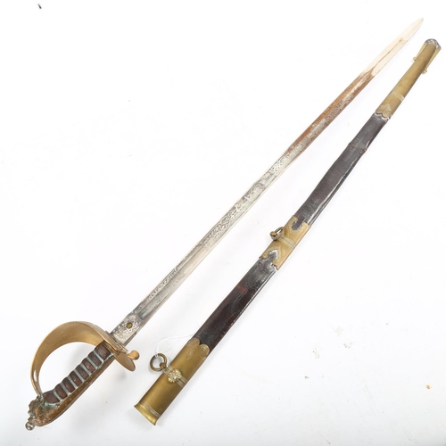 1284 - A Navy dress sword with etched blade and brass-mounted leather scabbard, by Manton & Co England