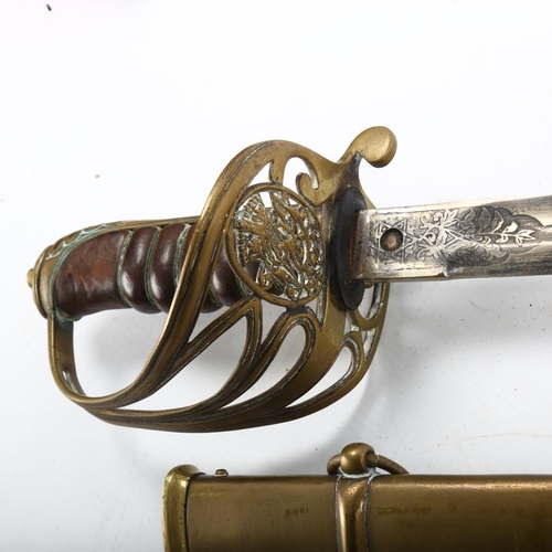 1286 - Victorian Army Officer's dress sword, with etched blade and original brass scabbard