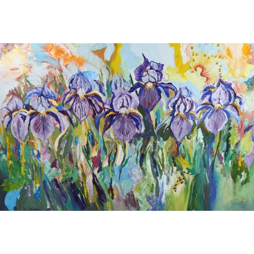 2301 - Clive Fredriksson, oil on canvas, irises, 80cm x 117cm x 80cm, framed