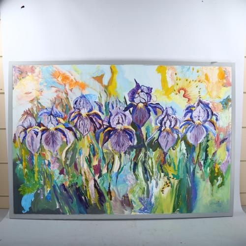 2301 - Clive Fredriksson, oil on canvas, irises, 80cm x 117cm x 80cm, framed