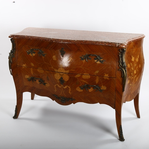 1150 - A French kingwood 2-drawer bombe commode, with inlaid floral marquetry, ormolu mounts and shaped mar... 