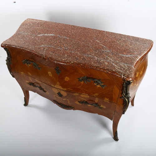 1150 - A French kingwood 2-drawer bombe commode, with inlaid floral marquetry, ormolu mounts and shaped mar... 