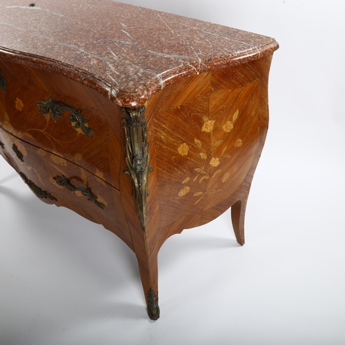 1150 - A French kingwood 2-drawer bombe commode, with inlaid floral marquetry, ormolu mounts and shaped mar... 