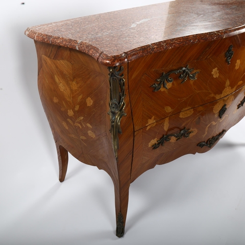 1150 - A French kingwood 2-drawer bombe commode, with inlaid floral marquetry, ormolu mounts and shaped mar... 