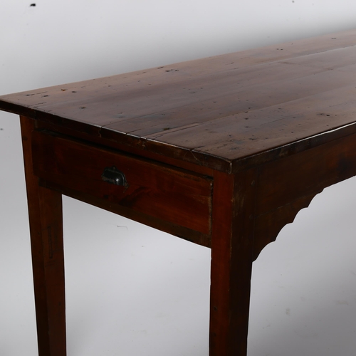 1152 - A French fruitwood/cherrywood farmhouse table with plank top, 2 end frieze drawers and square legs, ... 