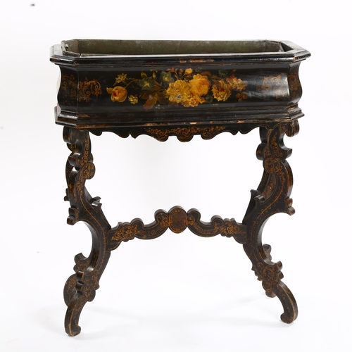 1155 - An ornate 19th century painted and ebonised jardiniere with zinc liner, length 72cm, height 85cm