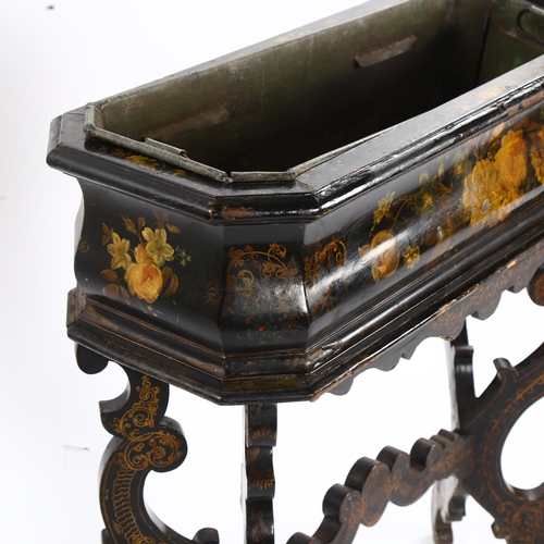 1155 - An ornate 19th century painted and ebonised jardiniere with zinc liner, length 72cm, height 85cm