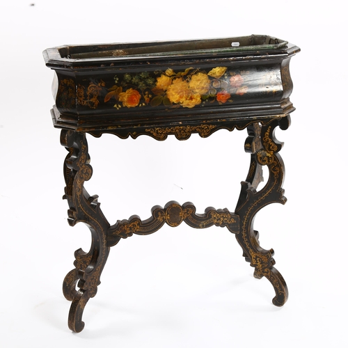 1155 - An ornate 19th century painted and ebonised jardiniere with zinc liner, length 72cm, height 85cm