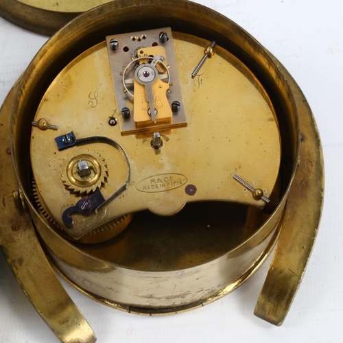 56 - 2 brass-cased horseshoe drum clocks, overall diameter 12cm, untested (2)