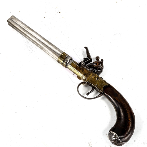 1232 - A Continental flintlock volley pistol, with later white metal screw-off cluster of 4 barrels, length... 