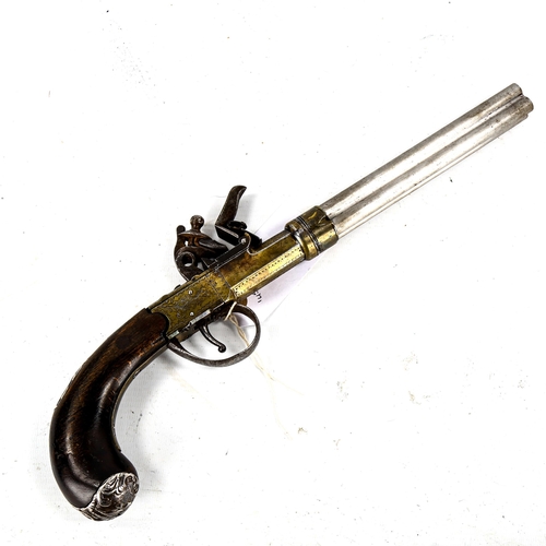 1232 - A Continental flintlock volley pistol, with later white metal screw-off cluster of 4 barrels, length... 